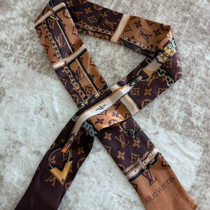 Silk Bandeau Scarf – Brown Monogram-Style Print